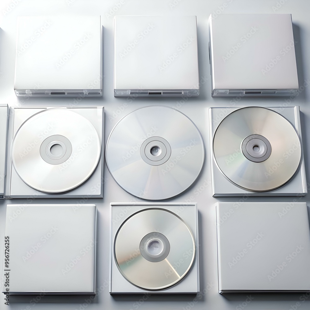 Poster a minimalist and modern design featuring six cd cases. three with cds and three empty. creating a vi