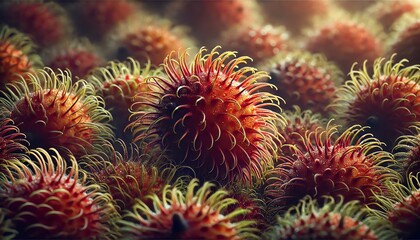 Fototapeta premium An image of ripe rambutans. The fruits have a natural, slightly glossy texture with visible water droplets