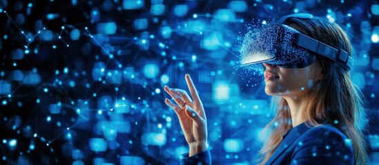 A woman explores a virtual world using a VR headset, surrounded by glowing particles and technology, showcasing innovation and future.