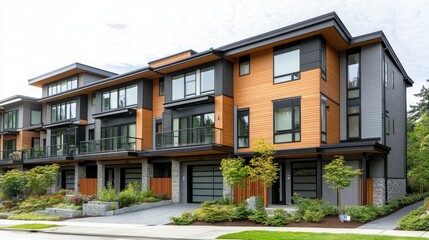 Obraz premium Exterior of a modern townhouse with a clean, minimalist design, including a spacious balcony, large windows, and a landscaped front yard