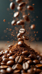 Roasted coffee beans falling on a pile of ground coffee