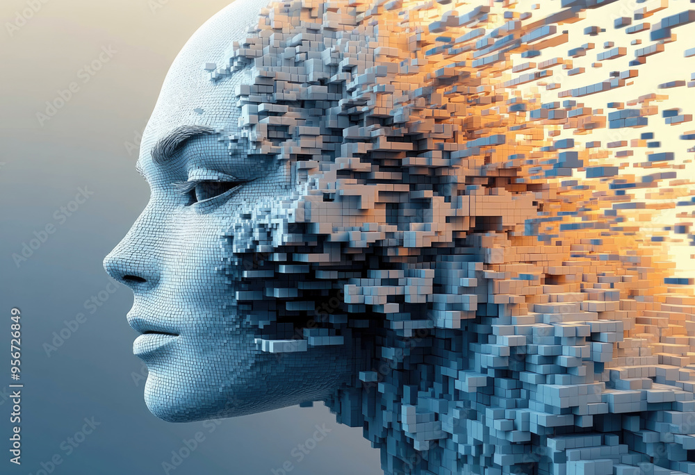 Poster three-dimensional art of a human face composed of pixel-like cubes, disintegrating and breaking into