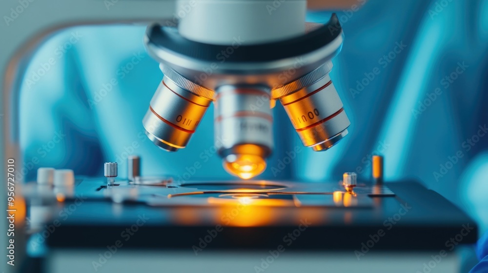 Poster focused lab technician performs comprehensive examination and analysis using a high tech microscope 