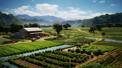 A serene image of a sustainable agriculture farm using permaculture principles, emphasizing harmony with nature in food production.
