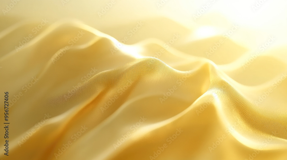 Aufkleber close-up of smooth golden fabric with gentle folds creating a wave-like pattern, illuminated by soft