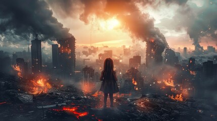 A little girl gazes at a war torn city in flames, capturing the essence of hopelessness and despair