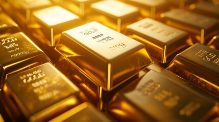 Warehouse with gold. Precious metal for state reserves. Gold bars lie on top of each other. Golden background. Gold bars of 1 kilogram. Aurum metal in ingots. Bullion for investment. 3d image.