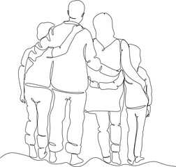 Happy family linear drawing. Walk of parents with children.