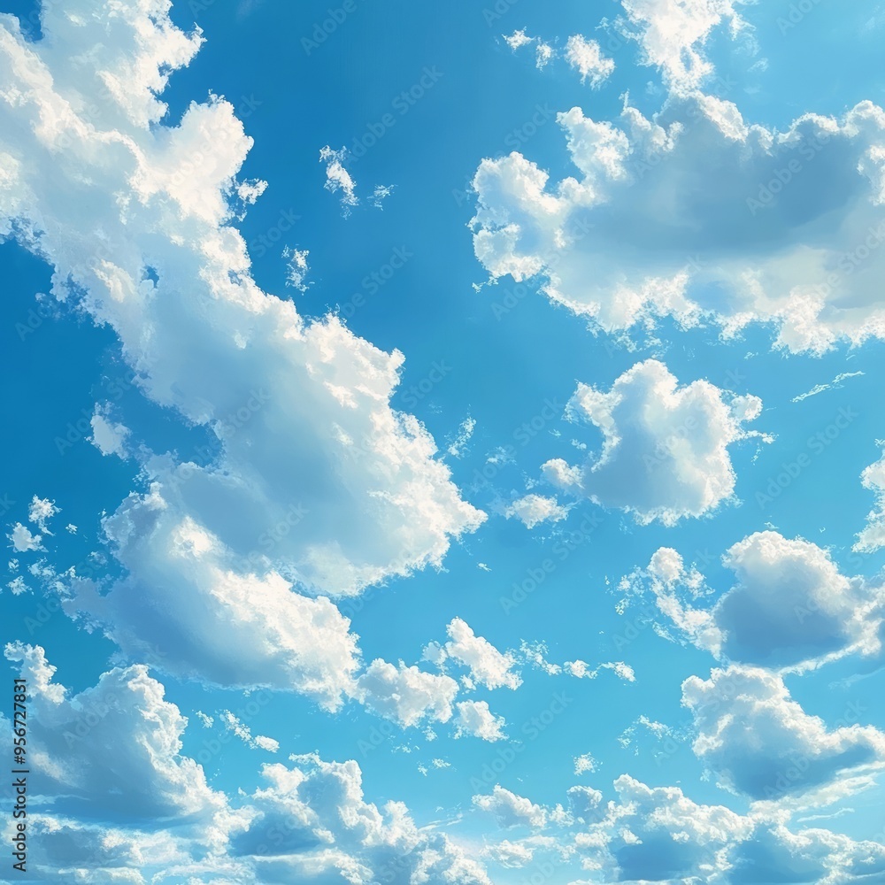 Poster Blue sky with white fluffy clouds.