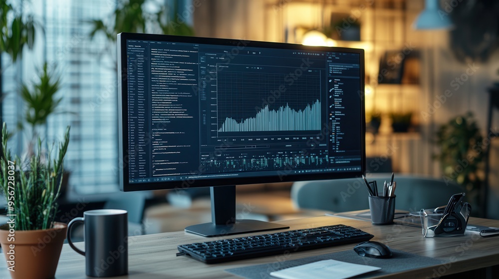 Poster an expert is deeply focused on a large monitor, analyzing data in a tidy workspace with a keyboard, 