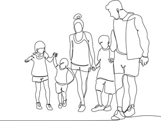 Happy family linear drawing. Walk of parents with children.