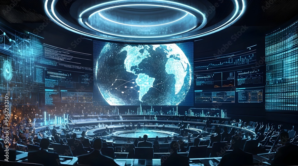 Poster futuristic digital interface with glowing global data visualization