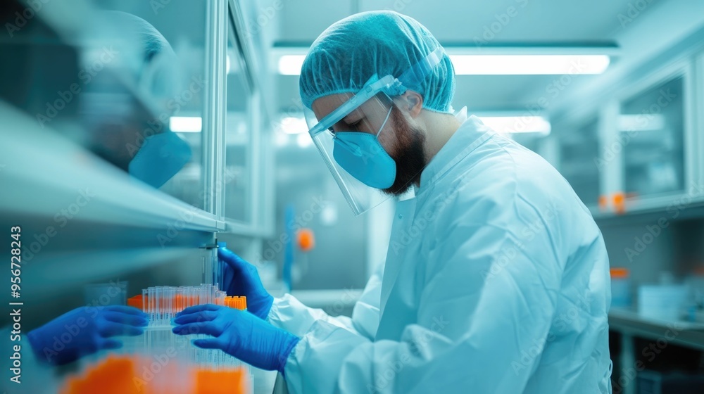 Poster scientist preparing samples in a fume hood controlled laboratory environment with deep depth of fiel
