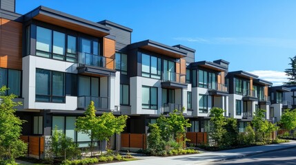 Fototapeta premium Exterior view of a row of contemporary townhouses, each with large windows, private balconies, and modern facades, set against a clear blue sky