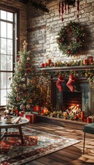 Fototapeta premium Cozy modern living room featuring a warm fireplace and festive christmas decorations