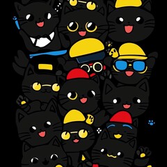 A lot of black cats wearing yellow construction hats, blue glasses, and red caps on their heads, in a cute cartoon style, with a colorful design and simple background.