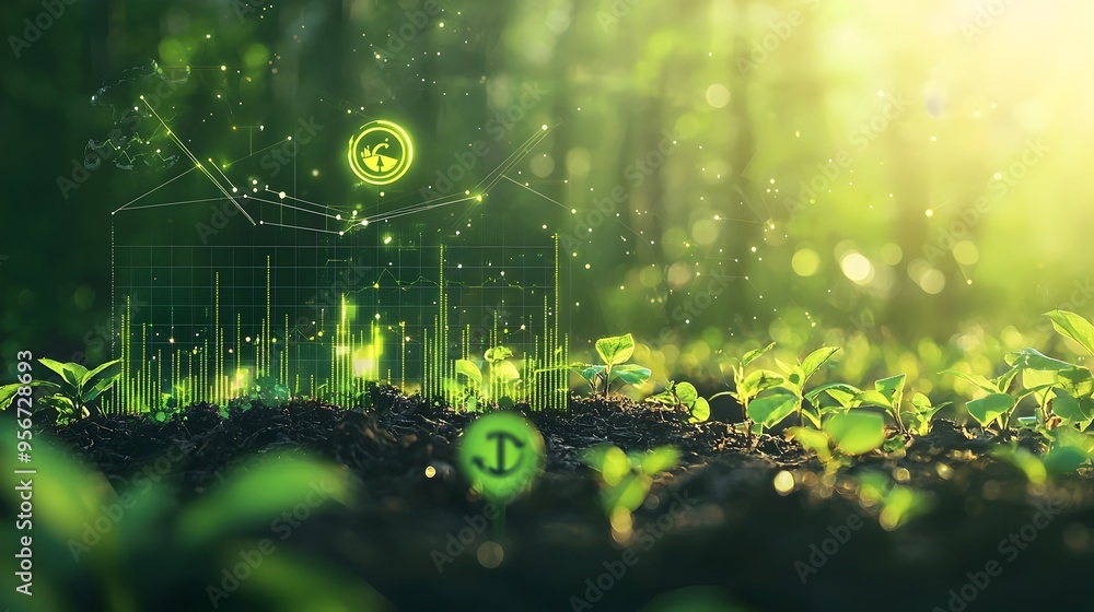 Poster lush biotechnology landscape with futuristic data patterns
