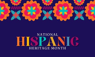 Hispanic heritage month banner. Mexican and spanish ethnic pattern of bright color flowers and geometric shapes.