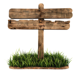 Weathered wooden signboard in grass, cut out