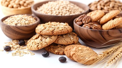 Isolated oatmeal cookies and cereals on a white background .