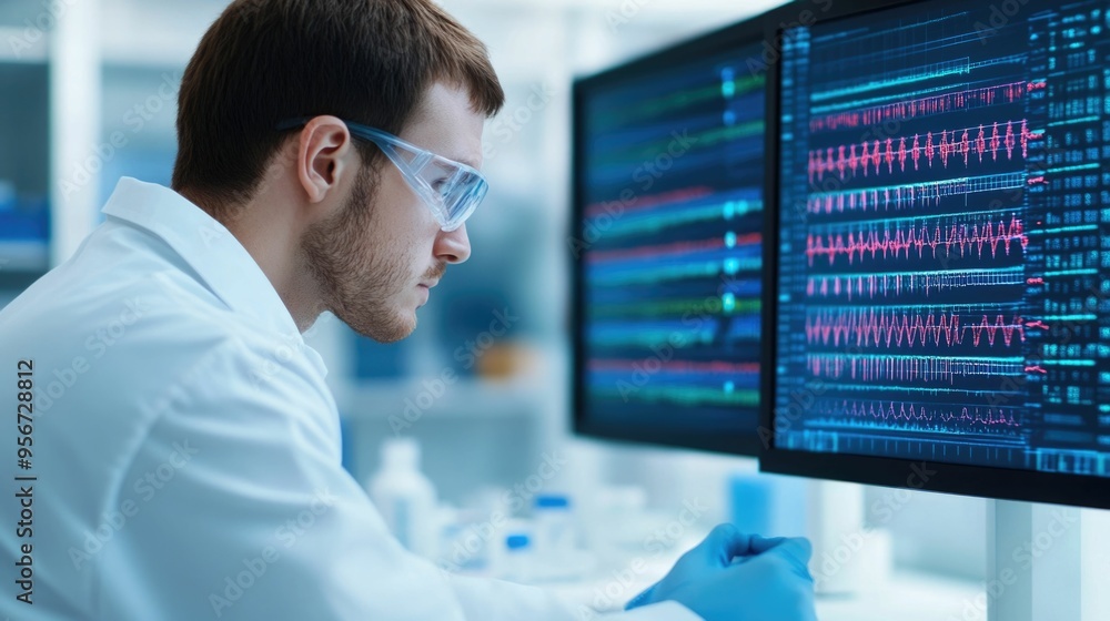 Poster researchers carefully examining advanced dna sequencing equipment and analyzing data in a state of t