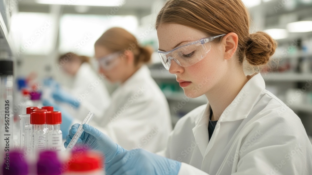 Poster a team of researchers working in a modern genetics laboratory using state of the art dna sequencing 