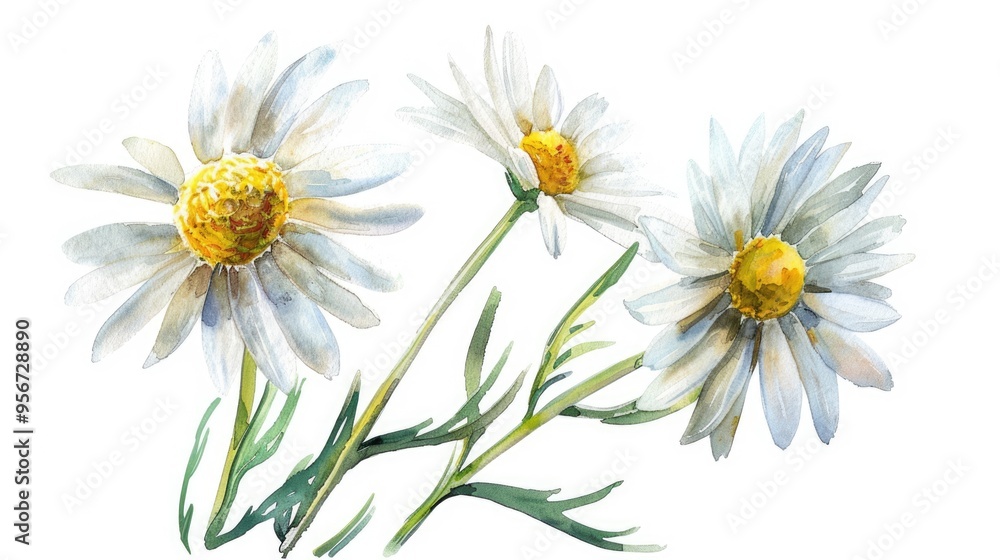 Wall mural Floral Essence. Hand-drawn Watercolor Chamomile Illustration for Herbal Aromatherapy