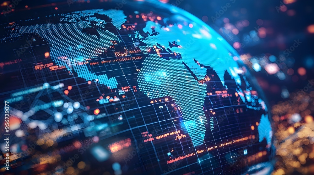 Aufkleber futuristic digital globe with interconnected data nodes representing global communication and