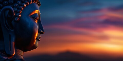 A silhouette of a statue is seen in a contemplative pose against a dramatic sunset sky, with hues of orange and purple providing a mesmerizing backdrop.