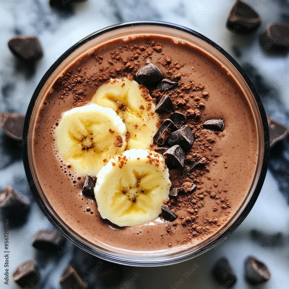 Canvas Prints Chocolate banana smoothie in a glass with chocolate chips and cocoa powder on top.