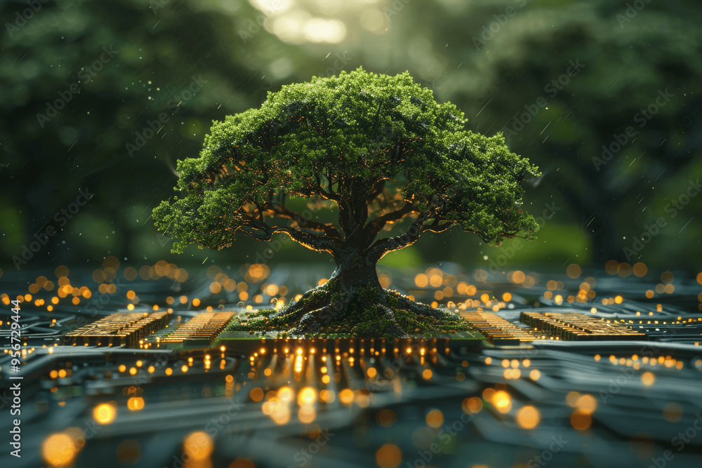 Poster tree on digital circuit board fusion of nature and technology