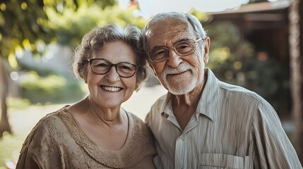 Happy senior couple enjoying sunny day outside, hugging and laughing together. A heartwarming depiction of love, joy, and companionship in older relationships