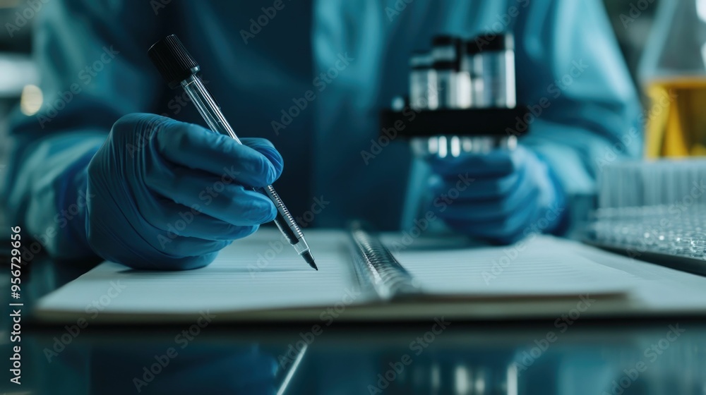 Poster a lab technician is carefully recording their observations and findings in a notebook surrounded by 