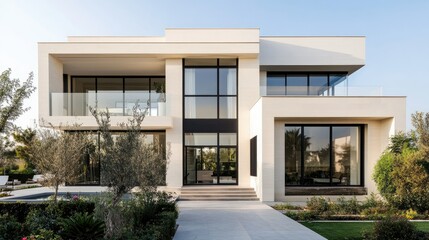 Fototapeta premium Front view of a modern villa with a cream facade, black glass windows, and a minimalist garden, capturing the elegance and simplicity of contemporary home design