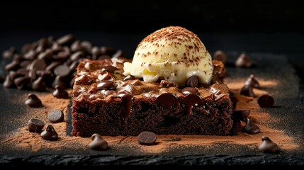 Macro close up of appetizing chocolate brownie with dark chocolate dressing and vanilla ice cream