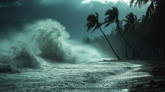Tropical storm hitting coastline with strong winds and waves
