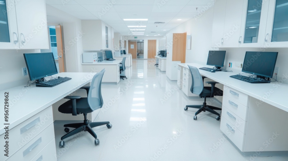 Poster busy research environment within a modern laboratory setting showcasing multiple workstations where 