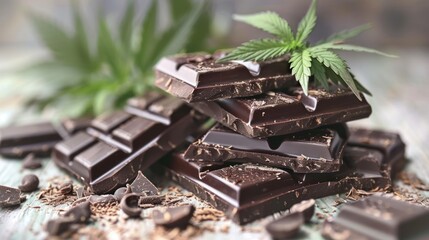 Marijuana leaves and dark chocolate on white wooden background.