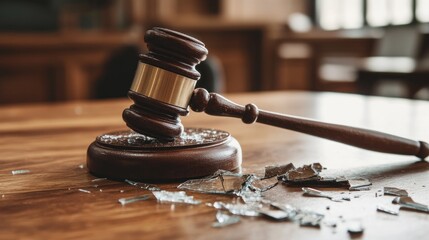 Close-up of a judge's broken gavel on a wooden table in a courtroom. The soft focus emphasizes the theme of justice and arbitration, with ample copy space.