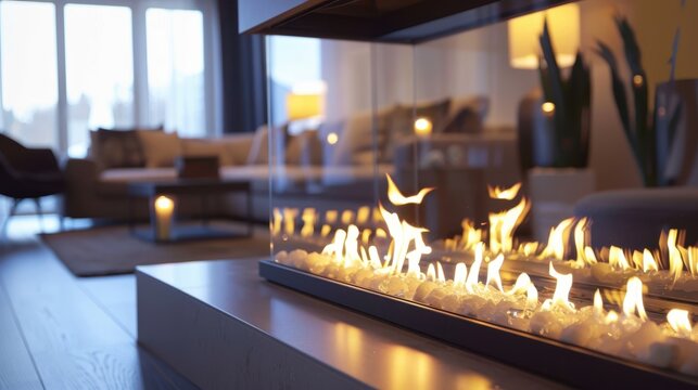 Modern, clean-lined fireplace with a glass front, set within a contemporary living room. The fireplace is the focal point, with a fire burning within, and is surrounded by decorative pebbles