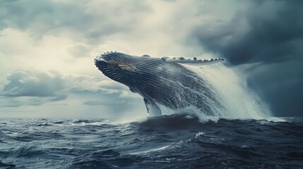 Fototapeta premium A majestic humpback whale breaching the surface of the ocean, its enormous body creating a spectacular splash as it leaps out of the water.