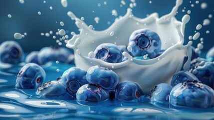 Milk splash and Blueberry, 3d vector object.
