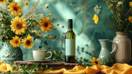 A cosmetic bottle unlabeled with wine cup, flower vase and yellow silk fabric decorated on a green background