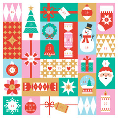 Cute, colourful Christmas holidays advent calendar for December sales, marketing, kids bight fun vector design