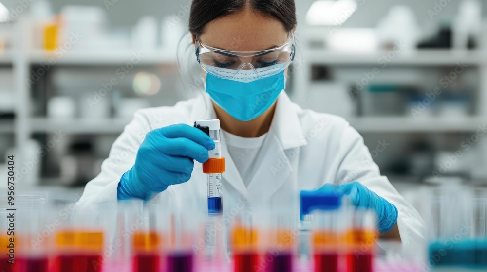 Poster professional lab technician performing precise measurement and analysis using a high tech spectropho