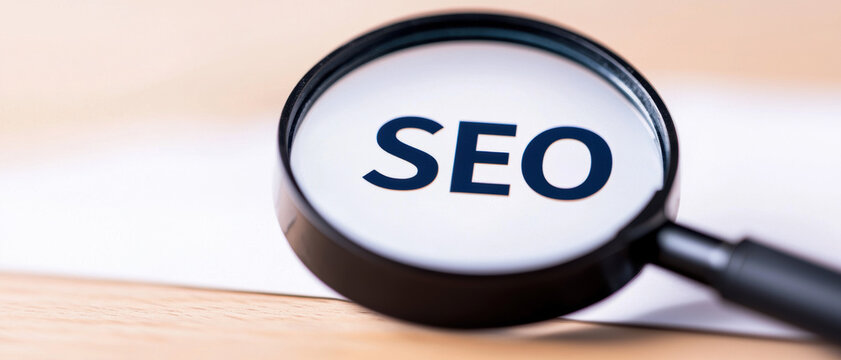 Magnifying glass focusing on the word SEO, representing search engine optimization concept on a white background.