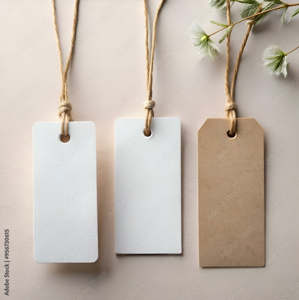 Poster three blank tags with string hanging. perfect for adding your own message or design.