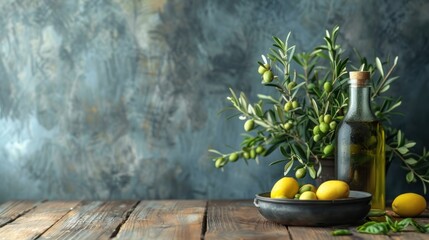 Olive oil in a bottle and gravy boat on the kitchen table. Oil bottle with branches and fruits of olives.