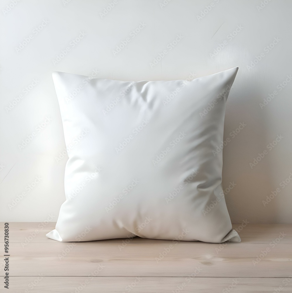 Poster a clean and simple white pillow on a wooden surface. perfect for showcasing your designs or adding a