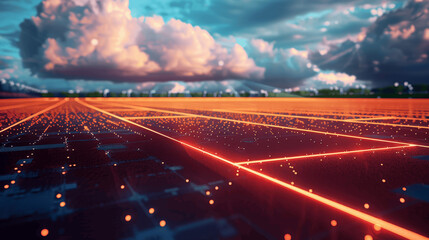 Fototapeta premium Futuristic Digital Landscape With Glowing Grid And Dramatic Sky